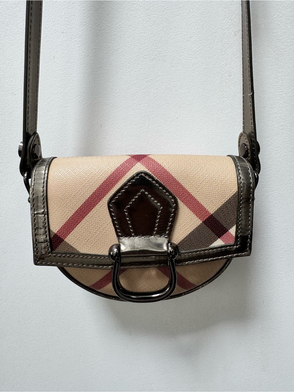 Burberry Beige Plaid Crossbody with Brown Leather Trim and Red Accents